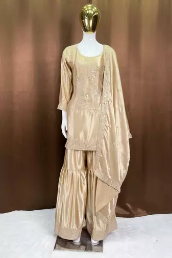 Beige satin embroidered sharara set