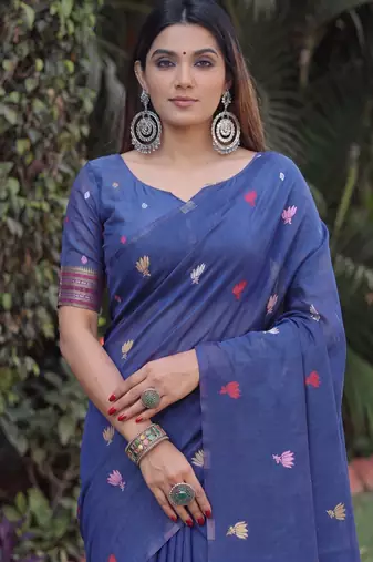 BLUE LINEN JACUARD WORK SAREE WITH UNSTITCHED BLOUSE PIECE