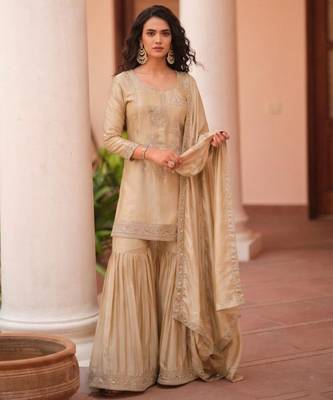 Beige satin embroidered sharara set 4
