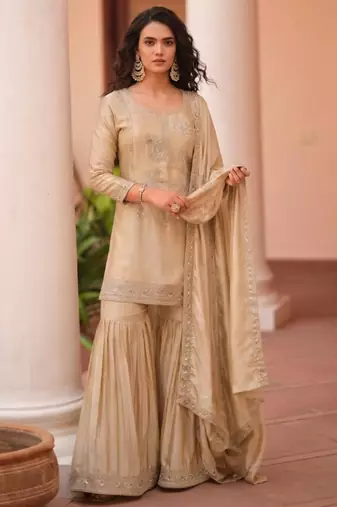 Beige satin embroidered sharara set