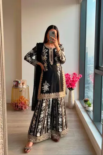 Black georgette embroidered palazzo set