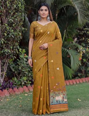 MUSTARD LINEN JACUARD WORK SAREE WITH UNSTITCHED BLOUSE PIECE 1