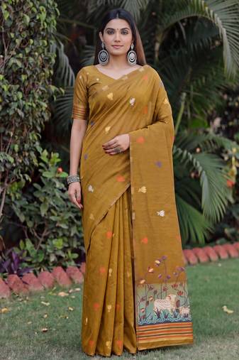 MUSTARD LINEN JACUARD WORK SAREE WITH UNSTITCHED BLOUSE PIECE