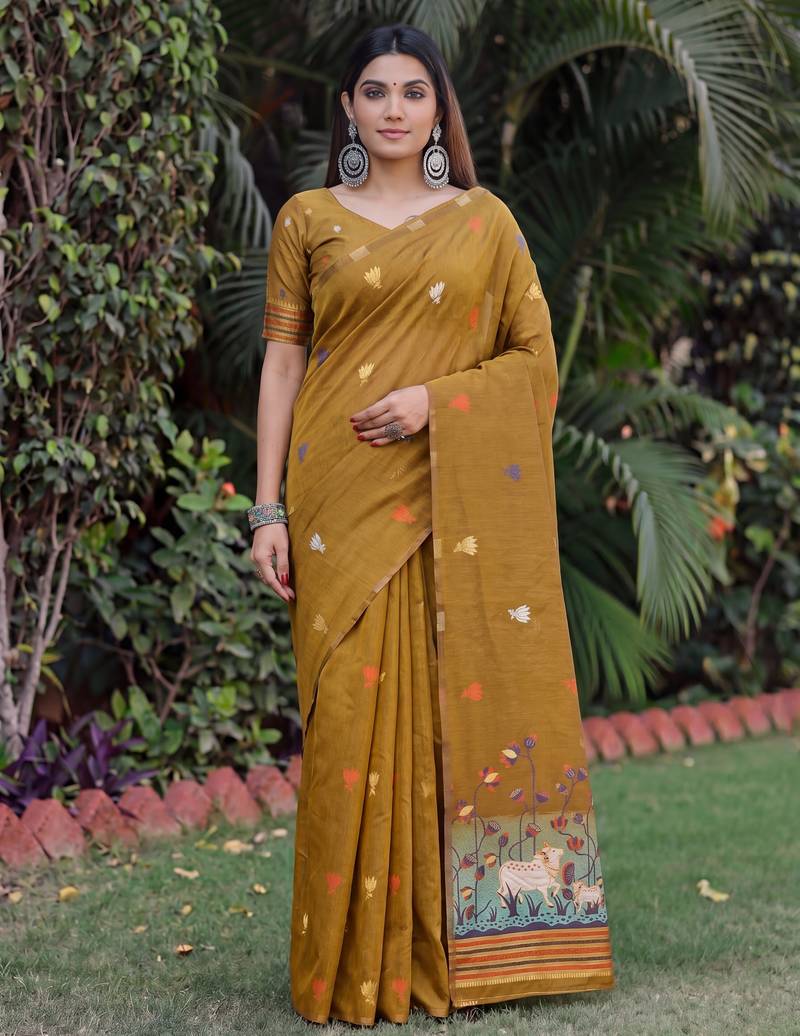 MUSTARD LINEN JACUARD WORK SAREE WITH UNSTITCHED BLOUSE PIECE