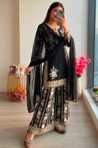 Black georgette embroidered palazzo set