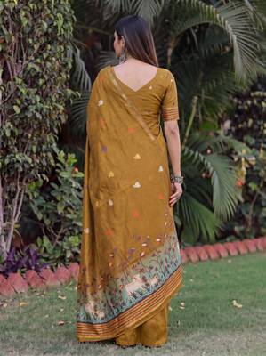 MUSTARD LINEN JACUARD WORK SAREE WITH UNSTITCHED BLOUSE PIECE 2