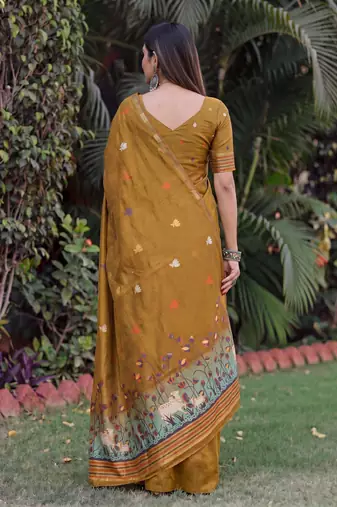 MUSTARD LINEN JACUARD WORK SAREE WITH UNSTITCHED BLOUSE PIECE