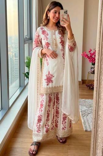 White georgette embroidered palazzo set