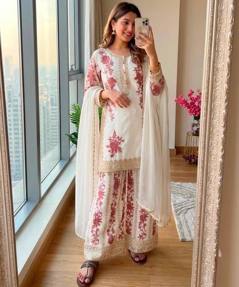 White georgette embroidered palazzo set