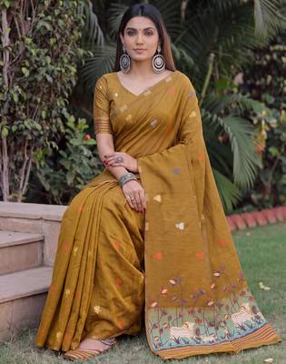 MUSTARD LINEN JACUARD WORK SAREE WITH UNSTITCHED BLOUSE PIECE 3