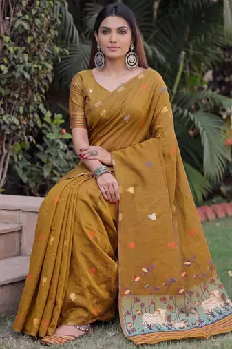 MUSTARD LINEN JACUARD WORK SAREE WITH UNSTITCHED BLOUSE PIECE