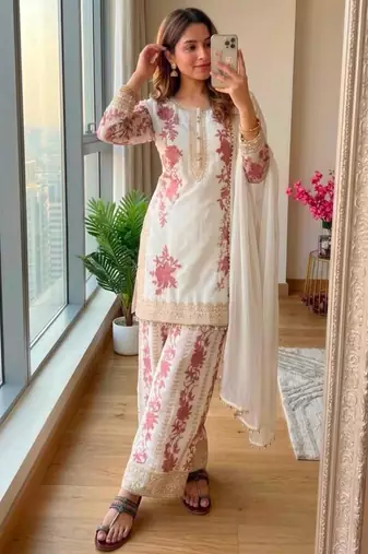 White georgette embroidered palazzo set