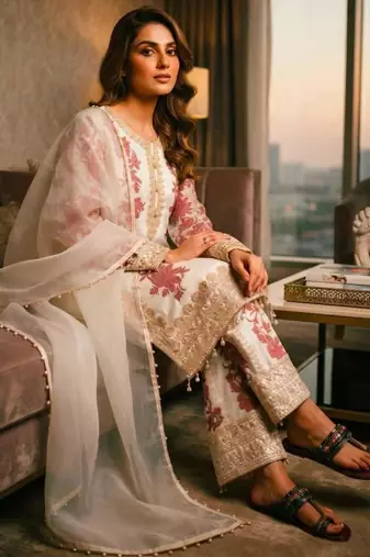 White georgette embroidered palazzo set