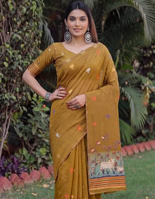 MUSTARD LINEN JACUARD WORK SAREE WITH UNSTITCHED BLOUSE PIECE 4