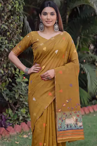 MUSTARD LINEN JACUARD WORK SAREE WITH UNSTITCHED BLOUSE PIECE