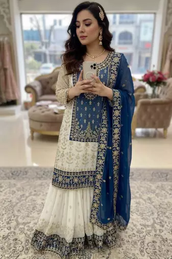 Blue faux georgette embroidered sharara set