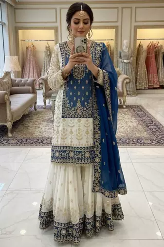 Blue faux georgette embroidered sharara set