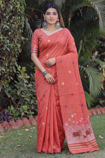 PEACH LINEN JACUARD WORK SAREE WITH UNSTITCHED BLOUSE PIECE