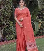 PEACH LINEN JACUARD WORK SAREE WITH UNSTITCHED BLOUSE PIECE