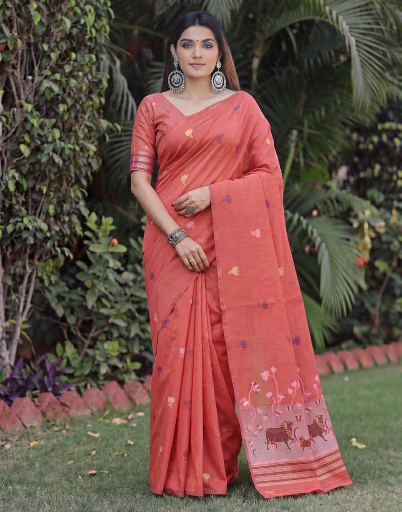 PEACH LINEN JACUARD WORK SAREE WITH UNSTITCHED BLOUSE PIECE