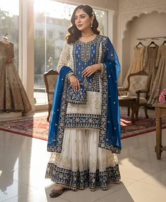 Blue faux georgette embroidered sharara set 1