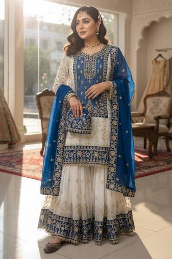 Blue faux georgette embroidered sharara set