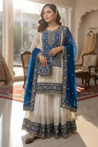 Blue faux georgette embroidered sharara set