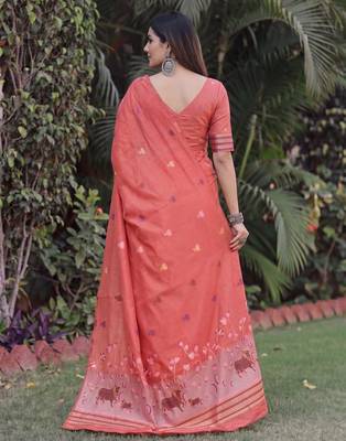 PEACH LINEN JACUARD WORK SAREE WITH UNSTITCHED BLOUSE PIECE 2
