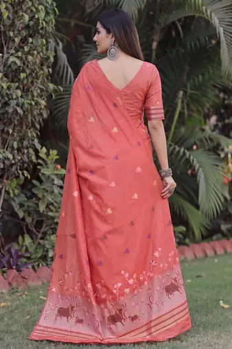 PEACH LINEN JACUARD WORK SAREE WITH UNSTITCHED BLOUSE PIECE