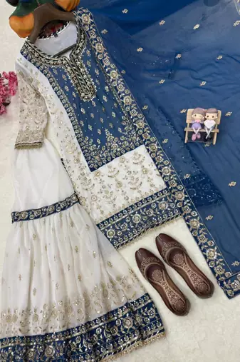 Blue faux georgette embroidered sharara set