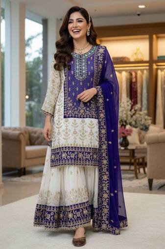 Purple faux georgette embroidered sharara set
