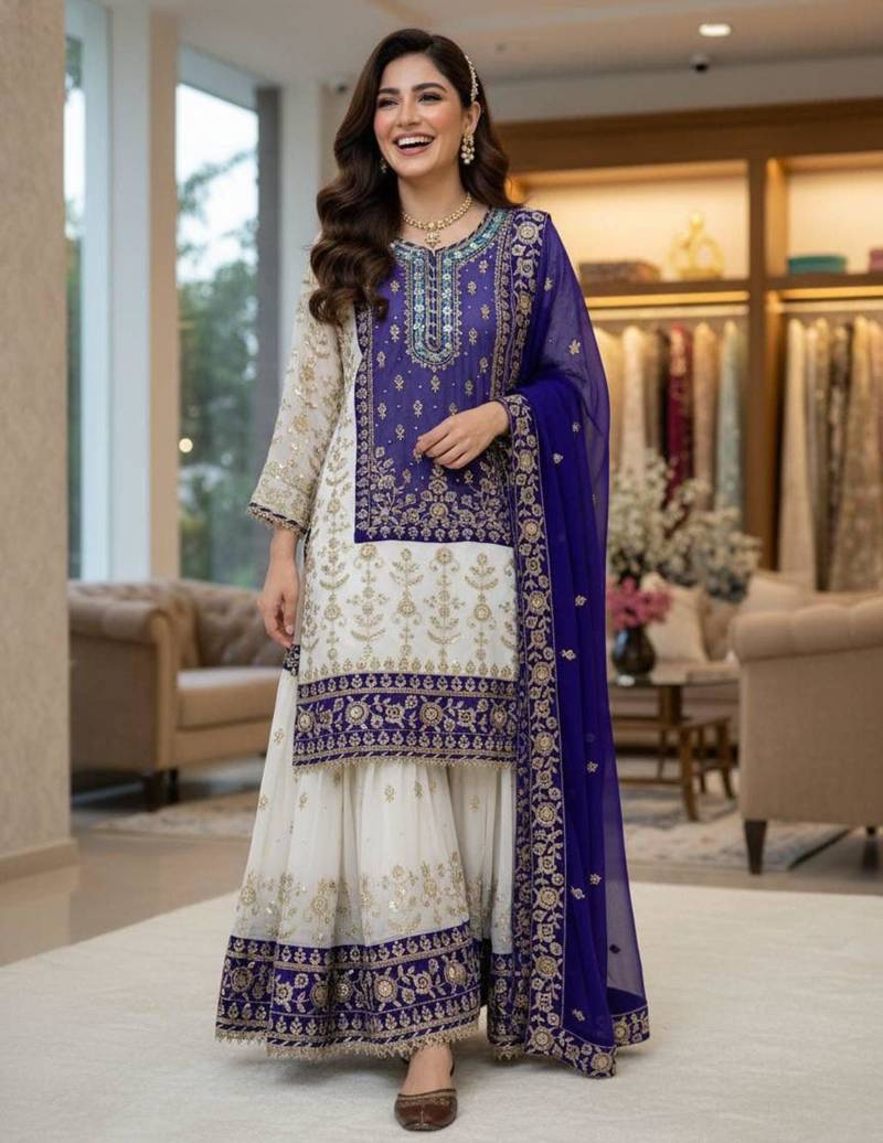 Purple faux georgette embroidered sharara set