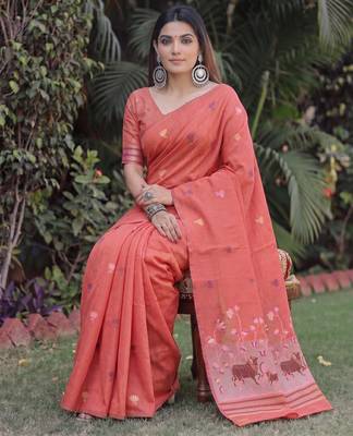 PEACH LINEN JACUARD WORK SAREE WITH UNSTITCHED BLOUSE PIECE 3