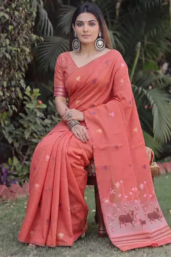 PEACH LINEN JACUARD WORK SAREE WITH UNSTITCHED BLOUSE PIECE