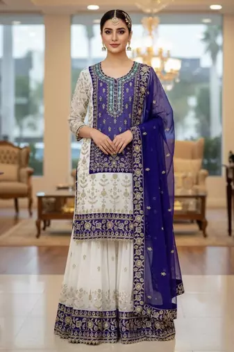 Purple faux georgette embroidered sharara set