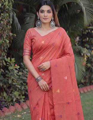 PEACH LINEN JACUARD WORK SAREE WITH UNSTITCHED BLOUSE PIECE 4