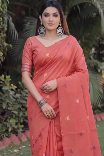 PEACH LINEN JACUARD WORK SAREE WITH UNSTITCHED BLOUSE PIECE