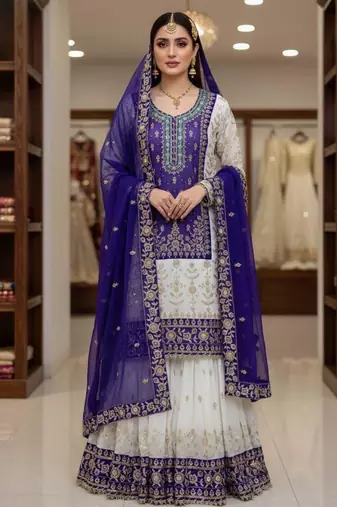Purple faux georgette embroidered sharara set