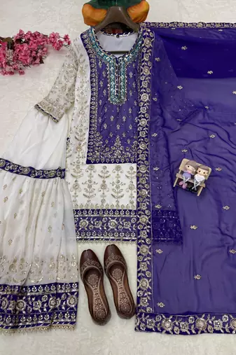 Purple faux georgette embroidered sharara set