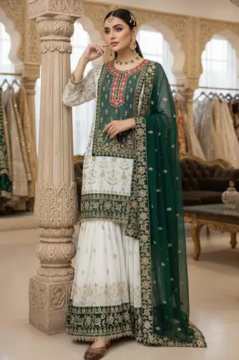 Green faux georgette embroidered sharara set