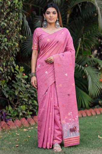 PINK LINEN JACUARD WORK SAREE WITH UNSTITCHED BLOUSE PIECE
