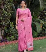 PINK LINEN JACUARD WORK SAREE WITH UNSTITCHED BLOUSE PIECE