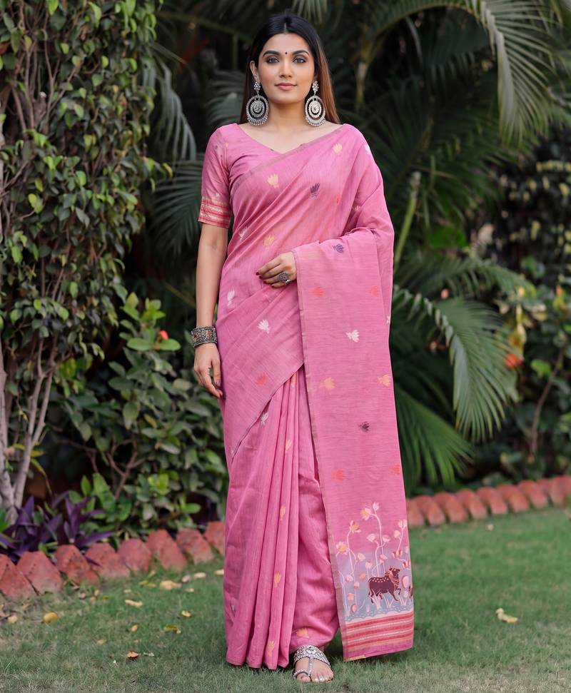 PINK LINEN JACUARD WORK SAREE WITH UNSTITCHED BLOUSE PIECE