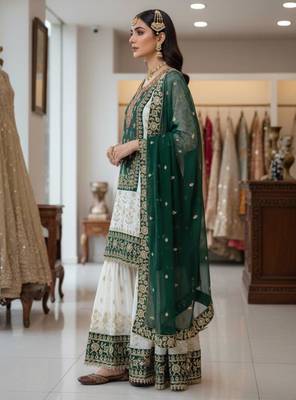 Green faux georgette embroidered sharara set 3