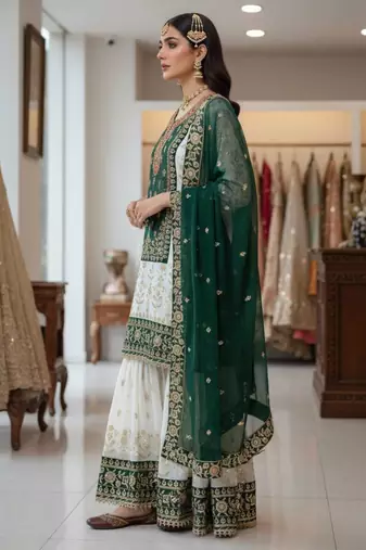 Green faux georgette embroidered sharara set