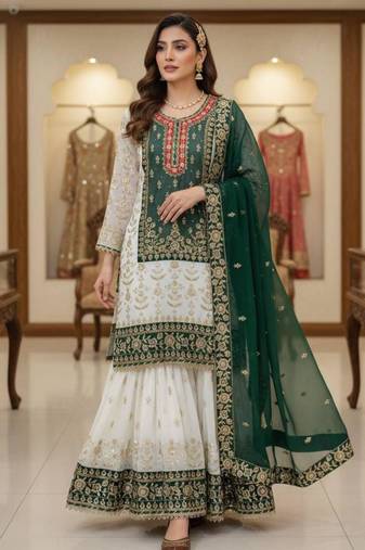 Green faux georgette embroidered sharara set