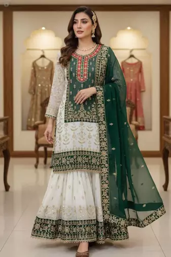 Green faux georgette embroidered sharara set
