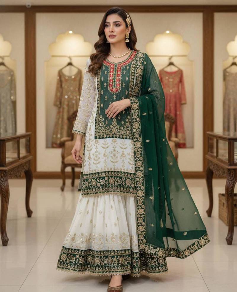 Green faux georgette embroidered sharara set