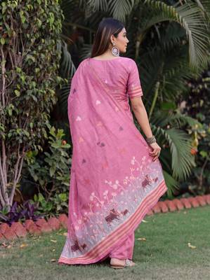 PINK LINEN JACUARD WORK SAREE WITH UNSTITCHED BLOUSE PIECE 2