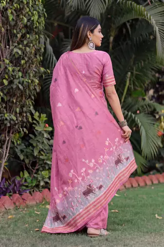 PINK LINEN JACUARD WORK SAREE WITH UNSTITCHED BLOUSE PIECE